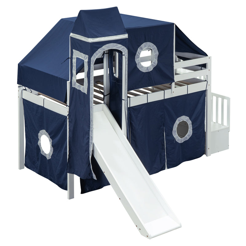 Twin Size Loft Bed with Tent and Tower - Blue