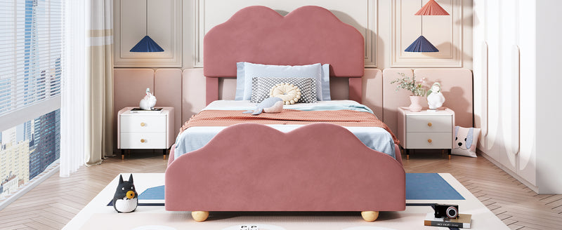 Twin Size Upholstered Platform Bed with Cloud Shaped bed board, Dark Pink