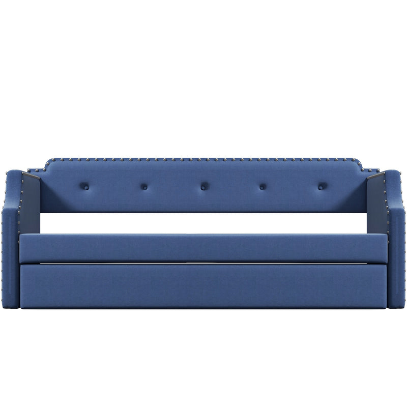 Upholstered Daybed with Trundle, Wood Slat Support,Upholstered Frame Sofa Bed , Twin,Blue