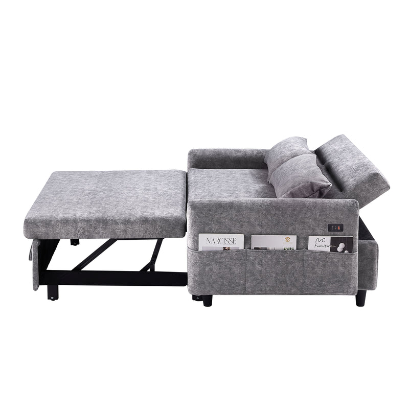 Pull Out Sleep Sofa Bed Loveseats Sofa Couch With Adjsutable Backrest, Storage Pockets, 2 Soft Pillows, USB Ports For Living Room