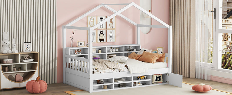 Twin Size Wooden House Bed with Shelves and a Mini-cabinet, White