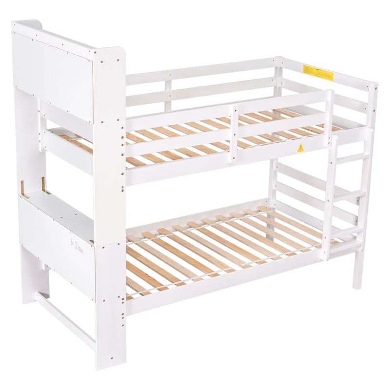 Twin Over Twin Bunk Beds with Bookcase Headboard, Solid Wood Bed Frame with Safety Rail and Ladder, Kids/Teens Bedroom, Guest Room Furniture, Can Be converted into 2 Beds, White