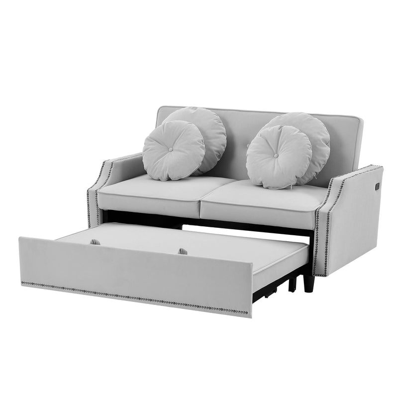 Multiple Adjustable Positions Sofa Bed Stylish Sofa Bed With A Button Tufted Backrest, Two USB Ports And Four Floral Lumbar Pillows For Living Room, Bedroom, Or Small Space