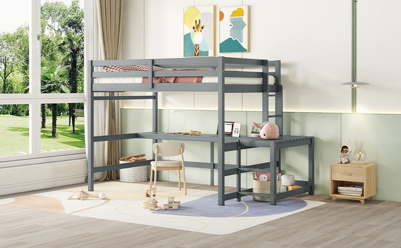 Full Loft Bed With Built-In Desk, Ladder Platform, Ladders, Guardrails - Gray