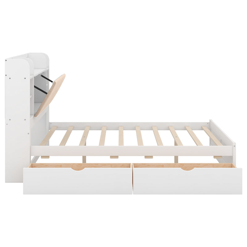 Wood Queen Size Platform Bed with Storage Headboard, Shelves and 2 Drawers, White