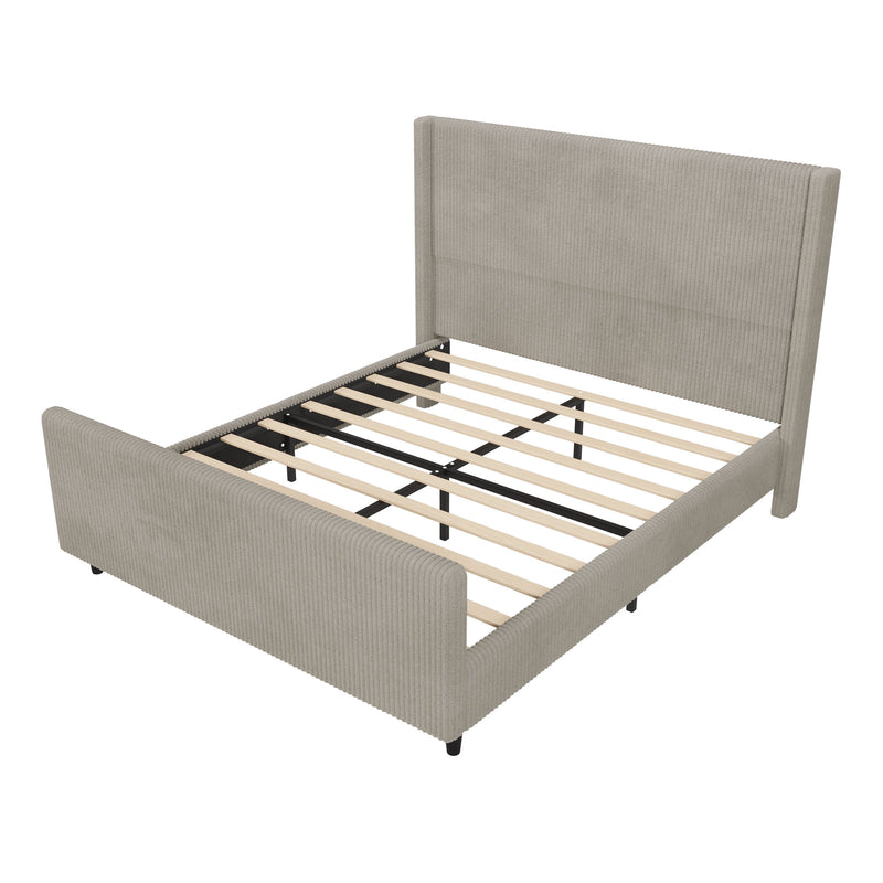 Corduroy Upholstered Bed Frame With Vertical Stripe Wingback And High Footboard No Box Spring Needed