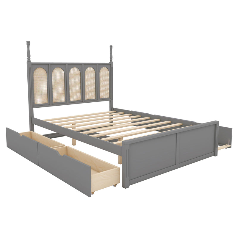 Rattan Platform Bed With With 2 Big Drawers With Trundle