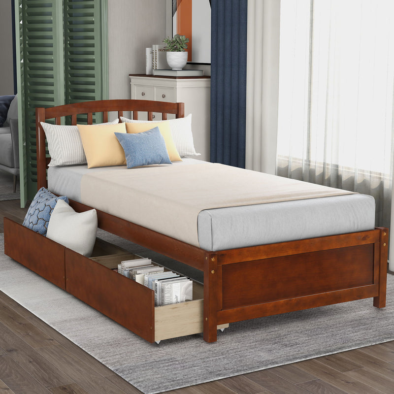 Twin Platform Storage Bed Wood Bed Frame With Two Drawers And Headboard Walnut