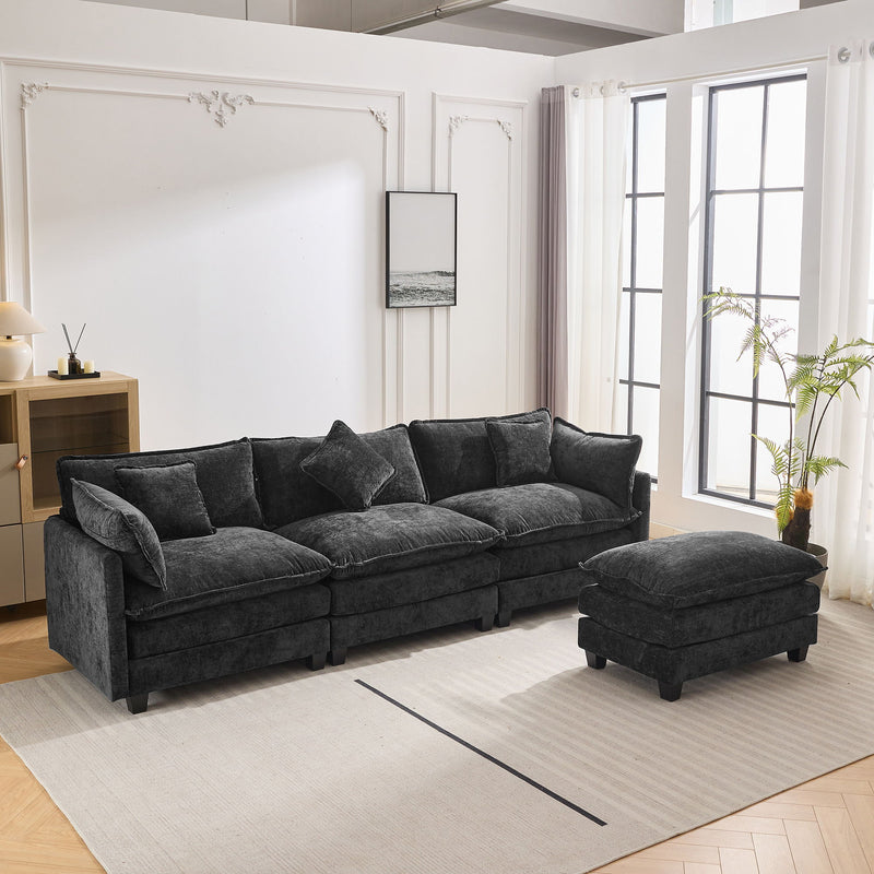 L-Shape Chenille Upholstered Sofa For Living Room Modern Luxury Sofa Couch With Ottoman And 5 Pillows For Living Room