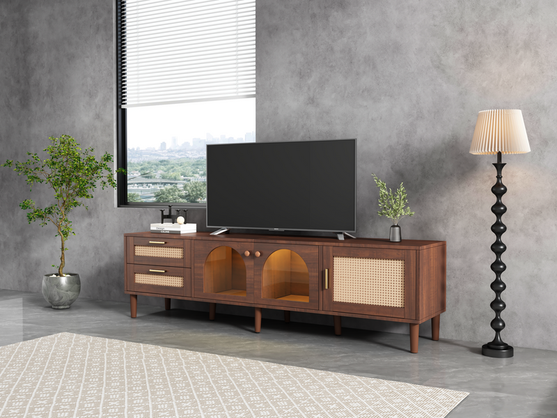 Rattan TV Stand with 3 Cabinets & 2 Drawers, Rattan-inspired Media Console Table for TVs up to 80'', LED Light Entertainment Center, TV cabinet for Living room, Bedroom, Home Theatre