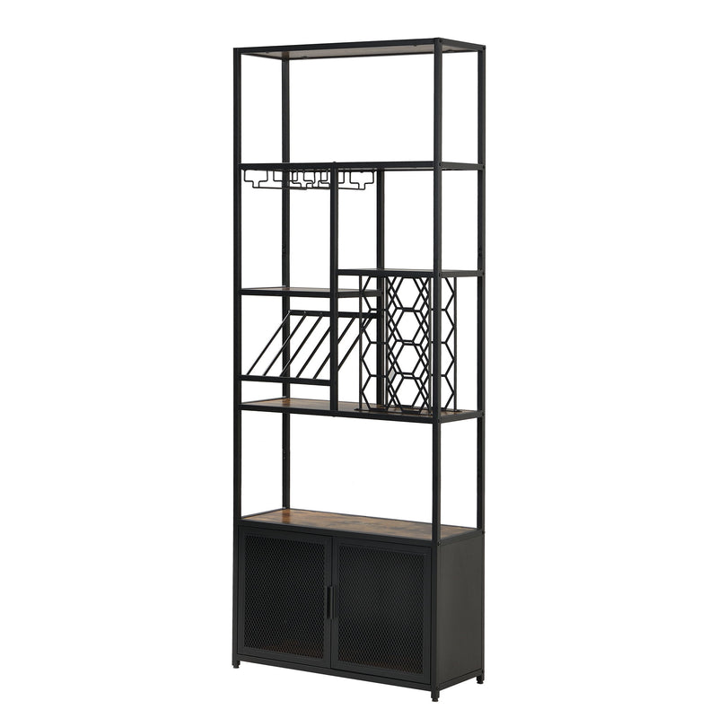 82.7" Industrial Standing Wine Rack With Glass Rack Tall Freestanding Floor Bar Cabinet - Walnut / Black