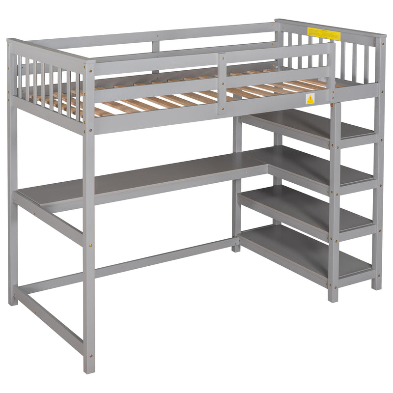 Twin Size Loft Bed with Storage Shelves and Under-bed Desk, Gray(OLD SKU:SM000245AAE-1)