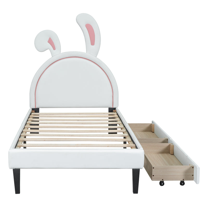 Twin Size Upholstered Leather Platform Bed with Rabbit Ornament and 2 Drawers, White