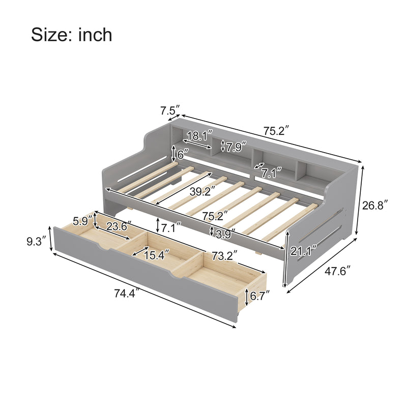 Twin Size Wooden Day Bed with 3 Trawers for Guest Room, Small Bedroom, Study Room, Gray