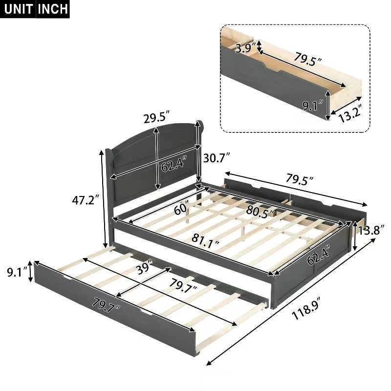 Wood Queen Size Platform Bed with Twin Size Trundle and 2 Drawers, Antique Gray