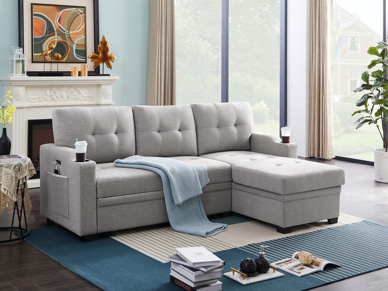 Mabel - Linen Fabric Sleeper Sectional With Cupholder, USB Charging Port And Pocket