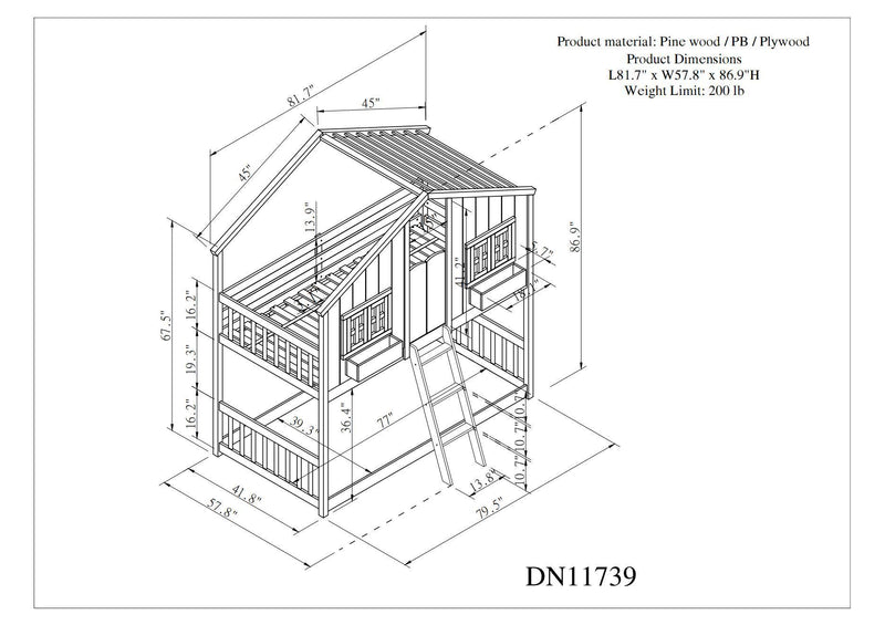 Twin over Twin House Bunk Bed with Roof , Window, Window  Box, Door , with Safety Guardrails and Ladder,White