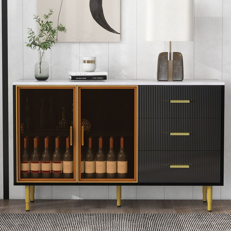 Modern Sideboard Buffet Cabinet Marble Sticker Tabletop And Amber-Yellow Tempered Glass Doors With Gold Metal Legs & Handles