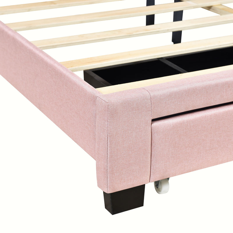 Queen Size Storage Bed Linen Upholstered Platform Bed With Two Drawers - Pink