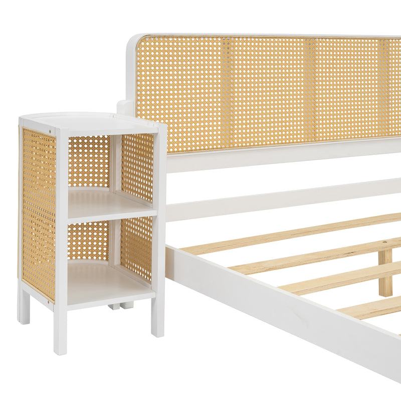 3 Pieces Rattan Platform Full Size Bed With 2 Nightstands,White