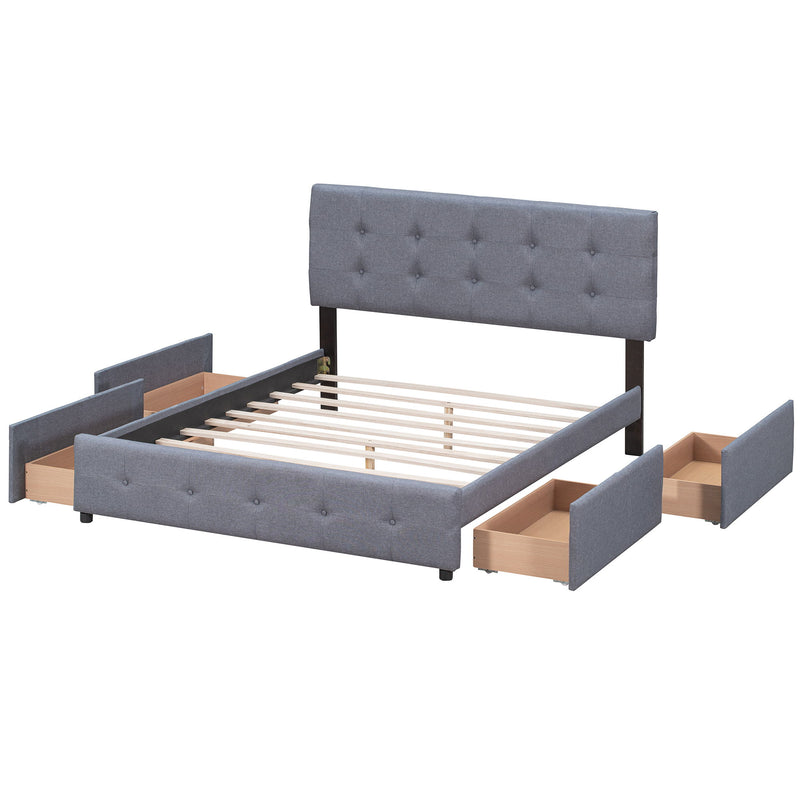 Queen Size Upholstered Platform Bed With Classic Headboard And 4 Drawers, No Box Spring Needed - Dark Gray