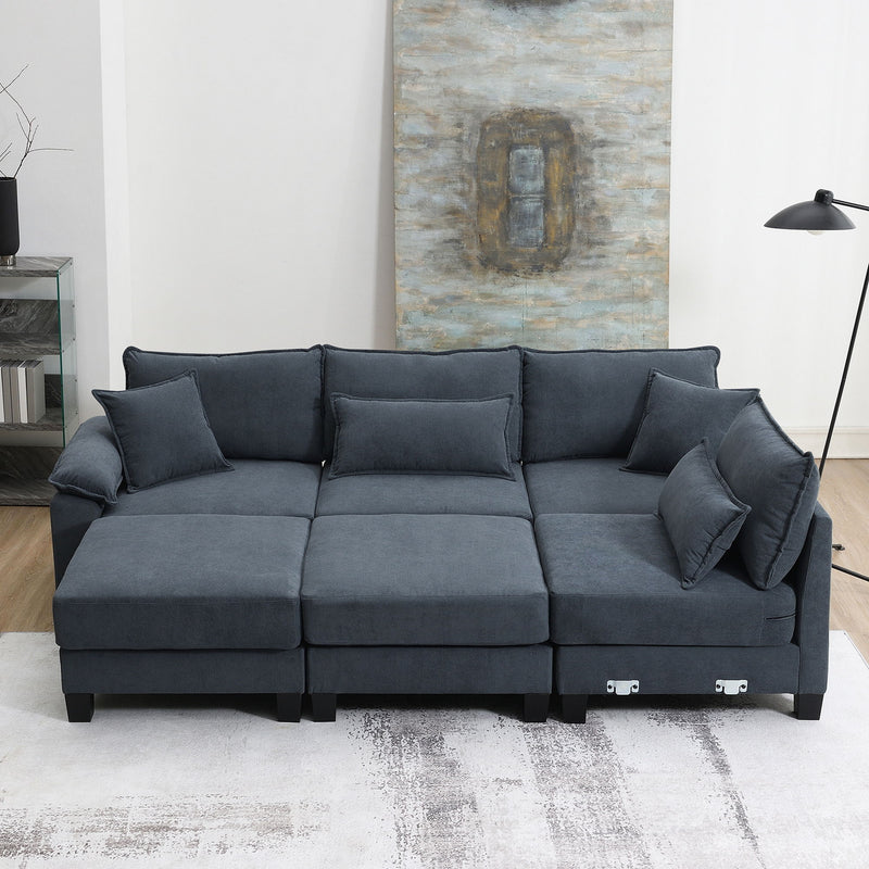 Corduroy Modular Sectional Sofa, U Shaped Couch With Armrest Bags, 6 Seat Freely Combinable Sofa Bed, Comfortable And Spacious Indoor Furniture For Living Room - Gray