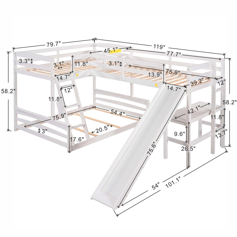 Twin over Full Bunk Bed with Twin Size Loft Bed with Desk and Slide,Full-Length Guardrail, White