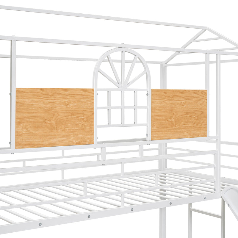 Twin Over Twin Metal Bunk Bed, Metal Housebed with Slide and Storage Stair, White with White Slide