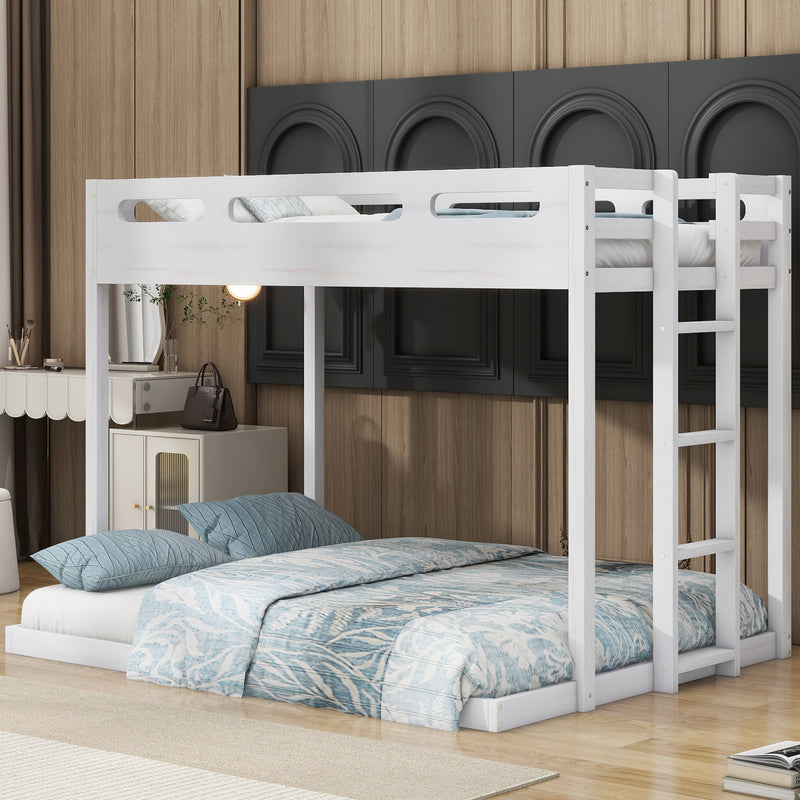 Twin over Full Bunk Bed with Built-in Ladder,White