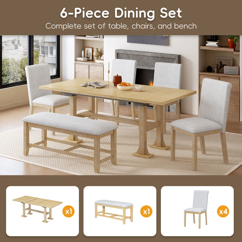 Topmax - 6 Piece Farmhouse Extendable Dining Table Set Trestle Kitchen Table Set With Removable Leaf And Upholstered Dining Chair And Bench For Dining Room