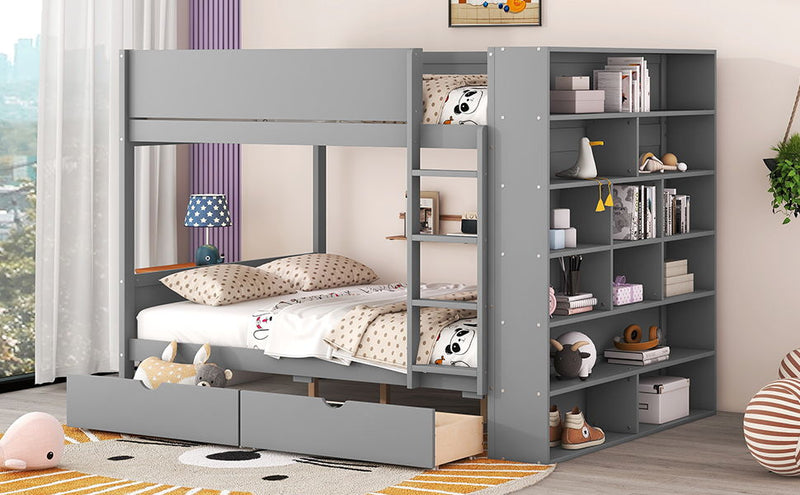 Full Over Full Bunk Bed With 2 Drawers And Multi - Layer Cabinet