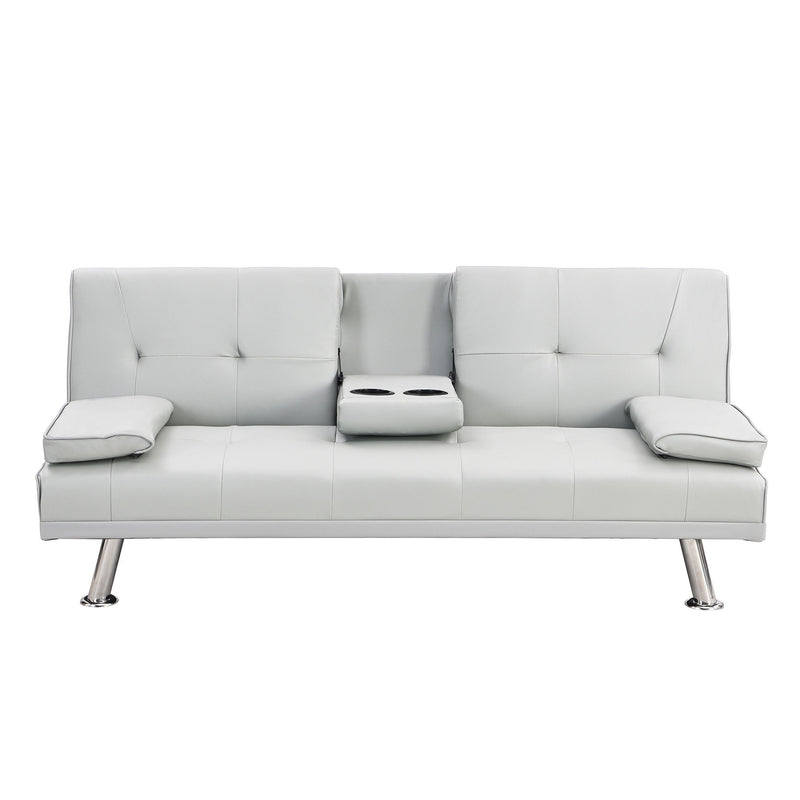 Sofa Bed With Armrest Two Holders Wood Frame, Stainless Leg, Futon - White