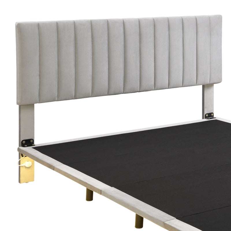 Queen Size Upholstered Bed With Sensor Light And Headboard, Floating Velvet Platform Bed - Gray