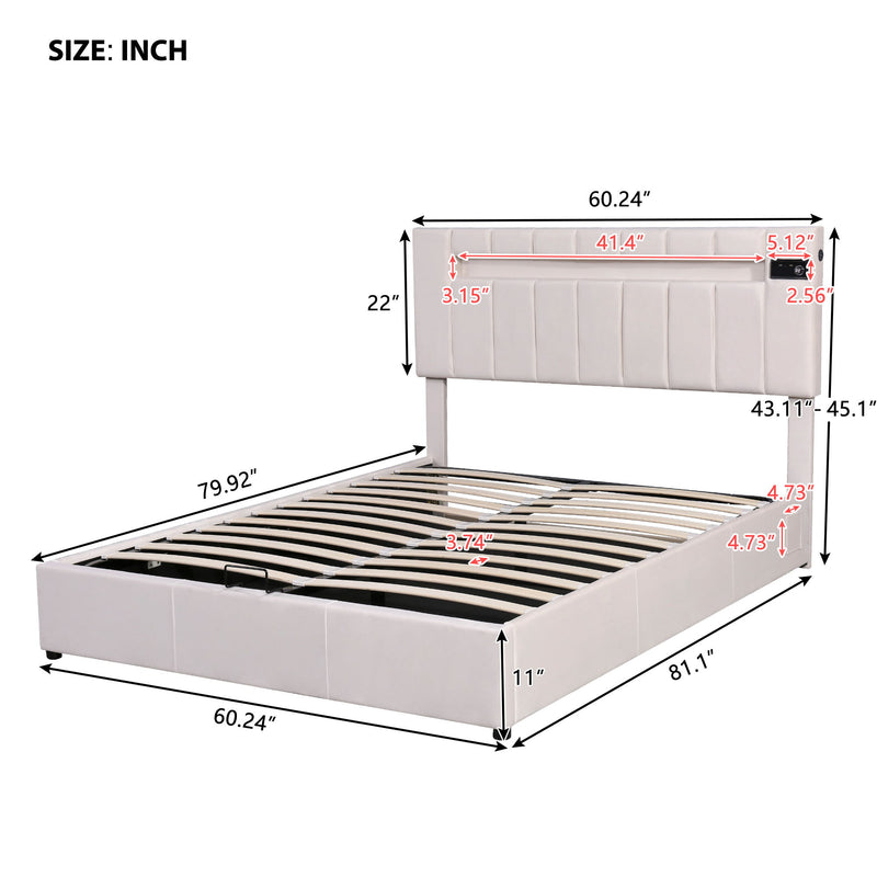 Queen Size Upholstered Bed With Led Light - Bluetooth Player And USB Charging, Hydraulic Storage Bed