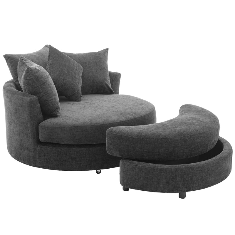 360° Swivel Accent Barrel Chair With Storage Ottoman & 4 Pillows, Modern Chenille Leisure Chair Round Accent For Living Room