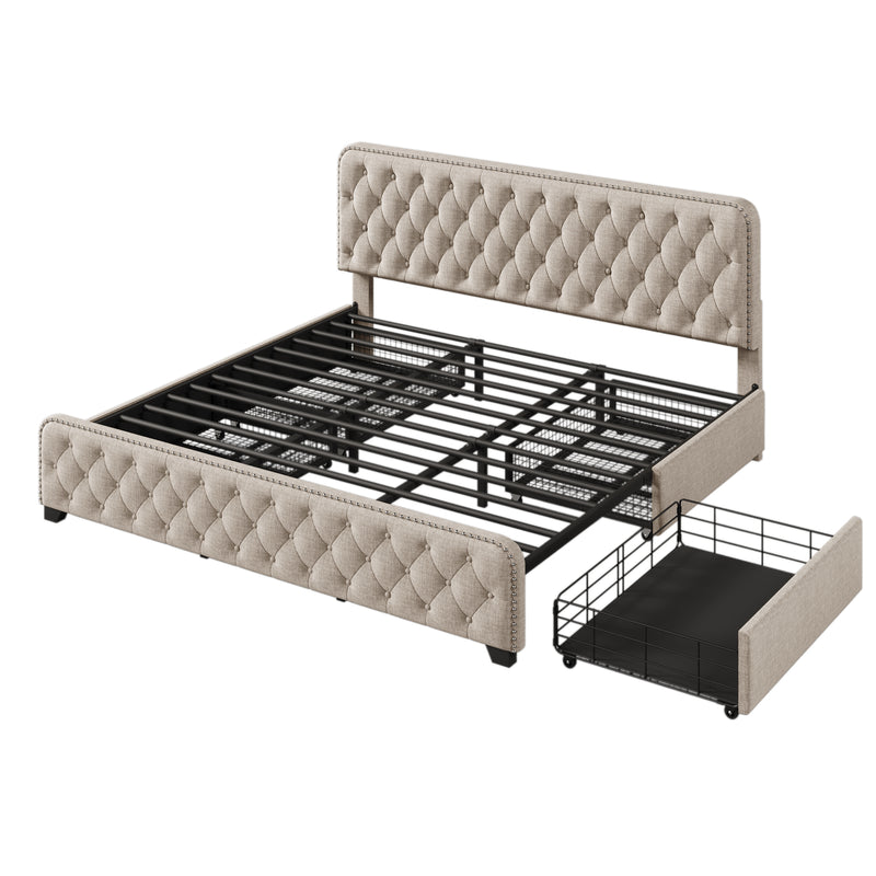 Upholstered Platform Bed Frame with Four Drawers, Button Tufted Headboard and Footboard Sturdy Metal Support, No Box Spring Required, Beige, King (Old sku:BS300277AAA)