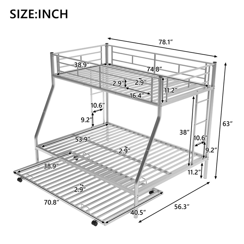 Twin over Full Bed with Sturdy Steel Frame, Bunk Bed with Twin Size Trundle, Two-Side Ladders, Silver(OLD SKU:MF194424AAN)