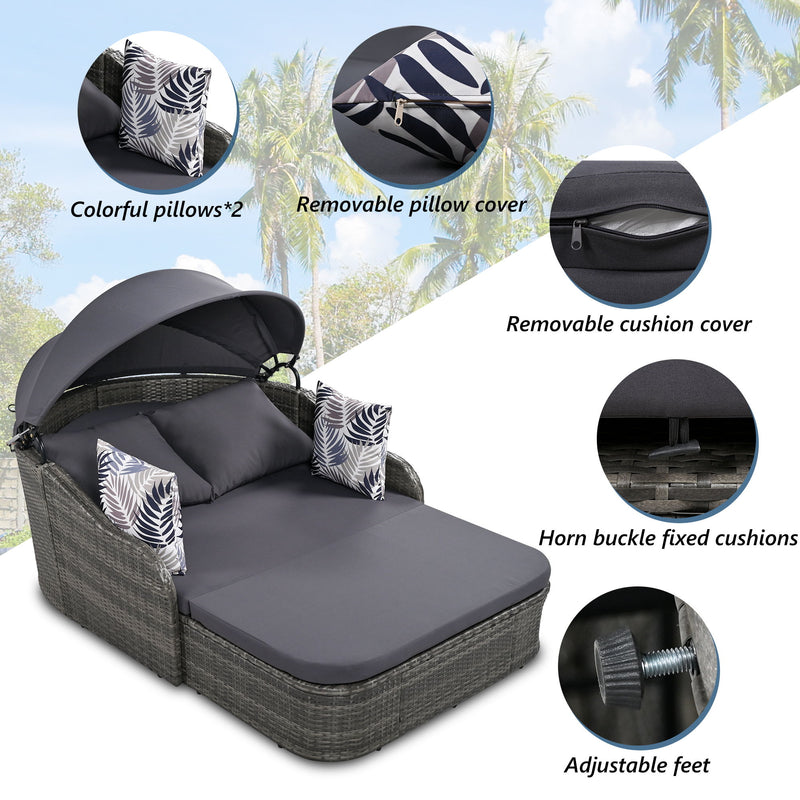 Outdoor Sunbed With Adjustable Canopy, Daybed With Pillows, Double Lounge, PE Rattan Daybed