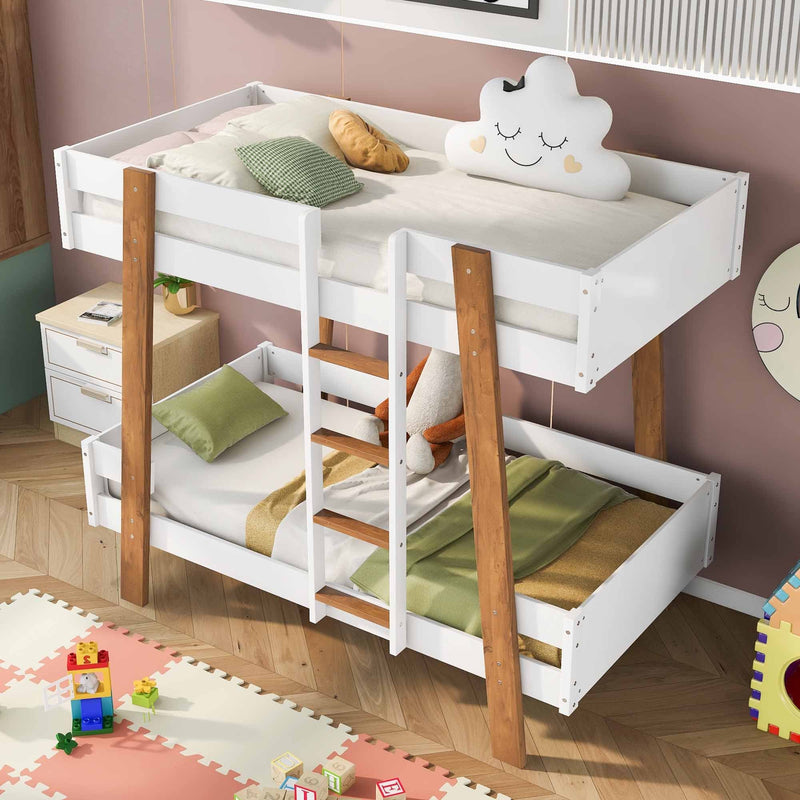 Wood Twin Size Bunk Bed with Built-in Ladder and 4 Wood Color Columns, White