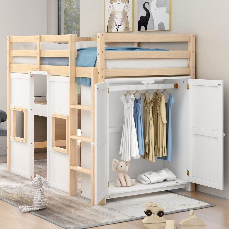 Wood Twin Size Loft Bed with Built-in Storage Wardrobe and 2 Windows, Natural/White