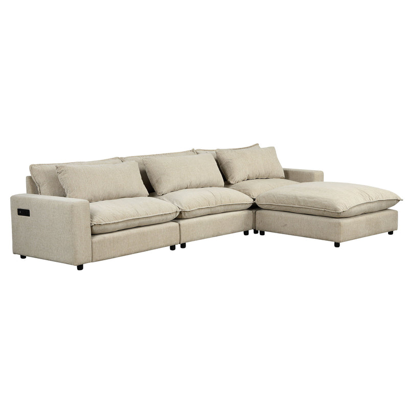 Sectional Sofa Cloud Sofa Chenille Upholstered Sofa Couch With Movable Ottoman, Comfortable Seat Cushions, Charging Ports And Three Back Pillows For Living Room