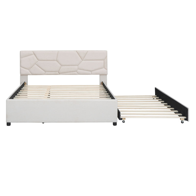 Upholstered Platform Bed With Brick Pattern Headboard And Twin Long Size Trundle