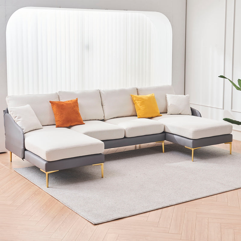 Modern Large Area Linen+Leathaire Fabric Color Matching Segmented Sofa, Ultra Wide Lounge Chair