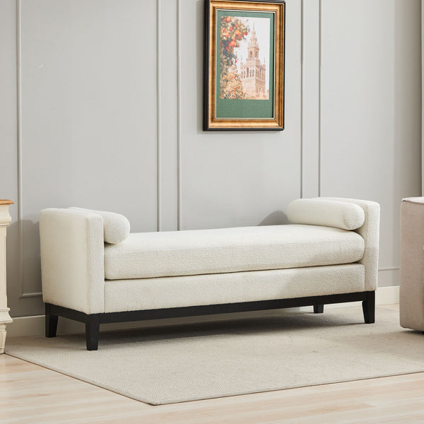 Elegant Upholstered Bench, Daybed, Ottoman With Wood Legs & 2 Bolster Pillows For End Of Bed, Bedroom, Living Room, Entryway