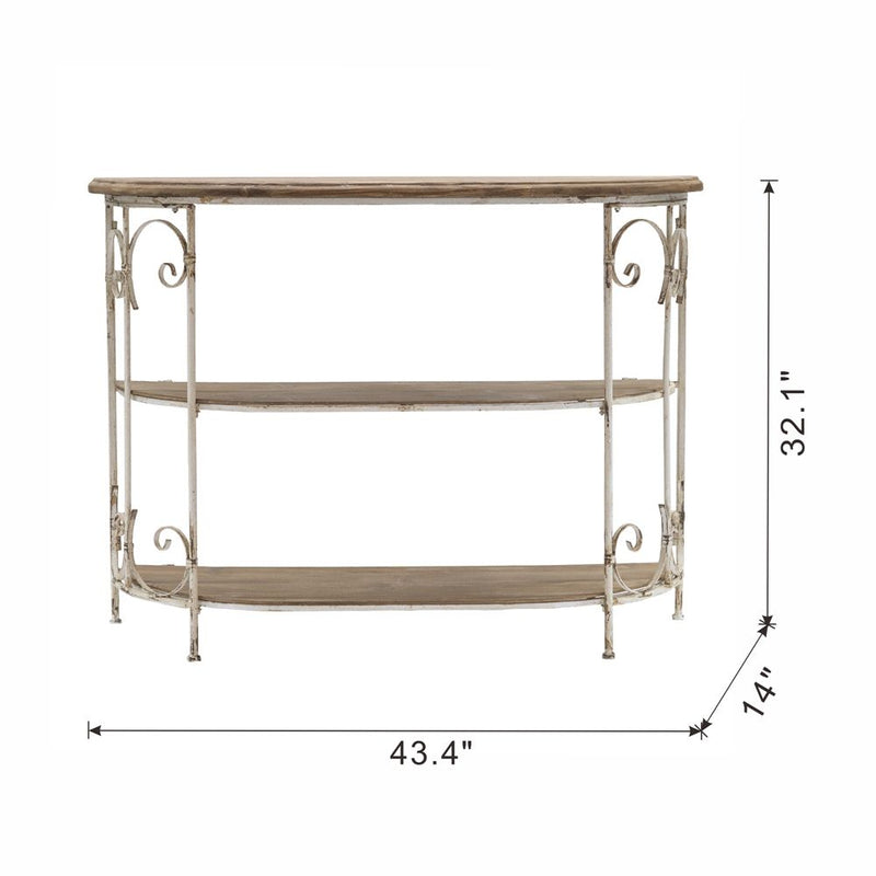 Three Tiered White Wooden Shelving Unit With Ornate Iron Frame - Multicolor