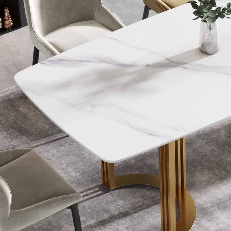 63" Modern Artificial Stone White Curved Metal Leg Dining Table - White / Gold