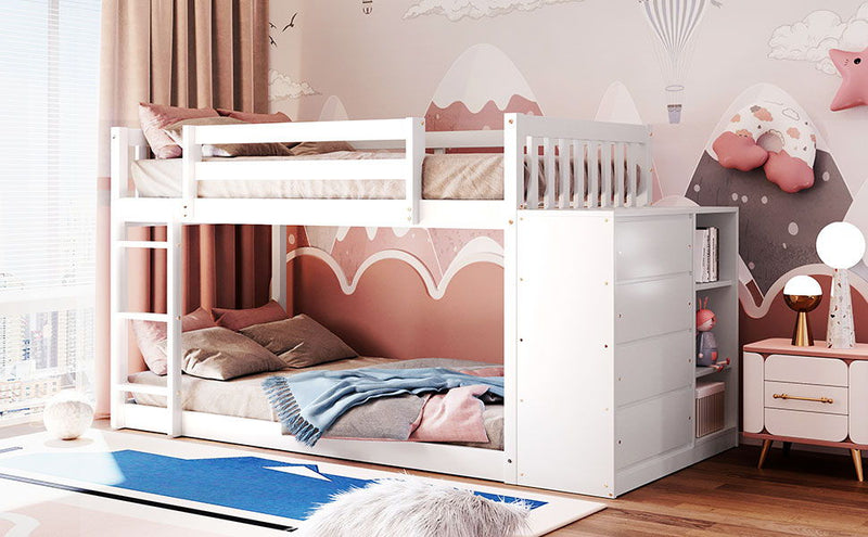 Twin Over Twin Bunk Bed With 4 Drawers And 3 Shelves