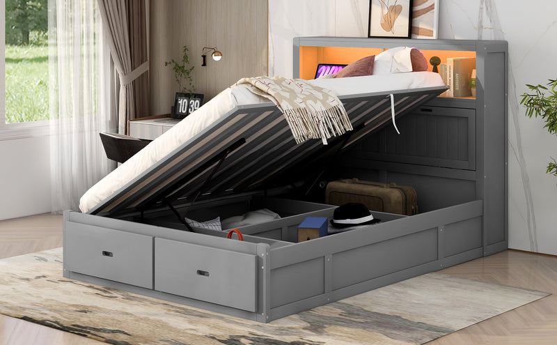 Wood Queen Size Hydraulic Platform Bed with Storage LED Headboard, Charging Station and 2 Drawers, Gray