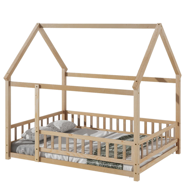 Floor Wooden Bed With House Roof Frame, Fence Guardrails