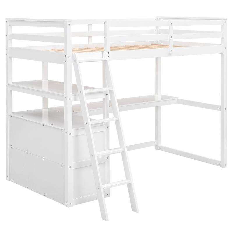 Twin Size Loft Bed with Desk and Shelves, Two Built-in Drawers, White(Old SKU: GX000423AAK)